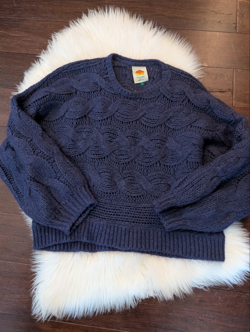 FARM Rio Mohair Wool Navy Blue Textured Cable Knit Crewneck Sweater L Large
